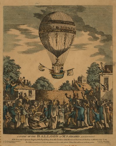 Ansicht des Ballons von Mr. Sadler, der mit ihm und Kapitän Paget von der Royal Navy aus den Gärten der Mermaid Tavern in Hackney am Montag, den 12. August 1811, aufsteigt von English School